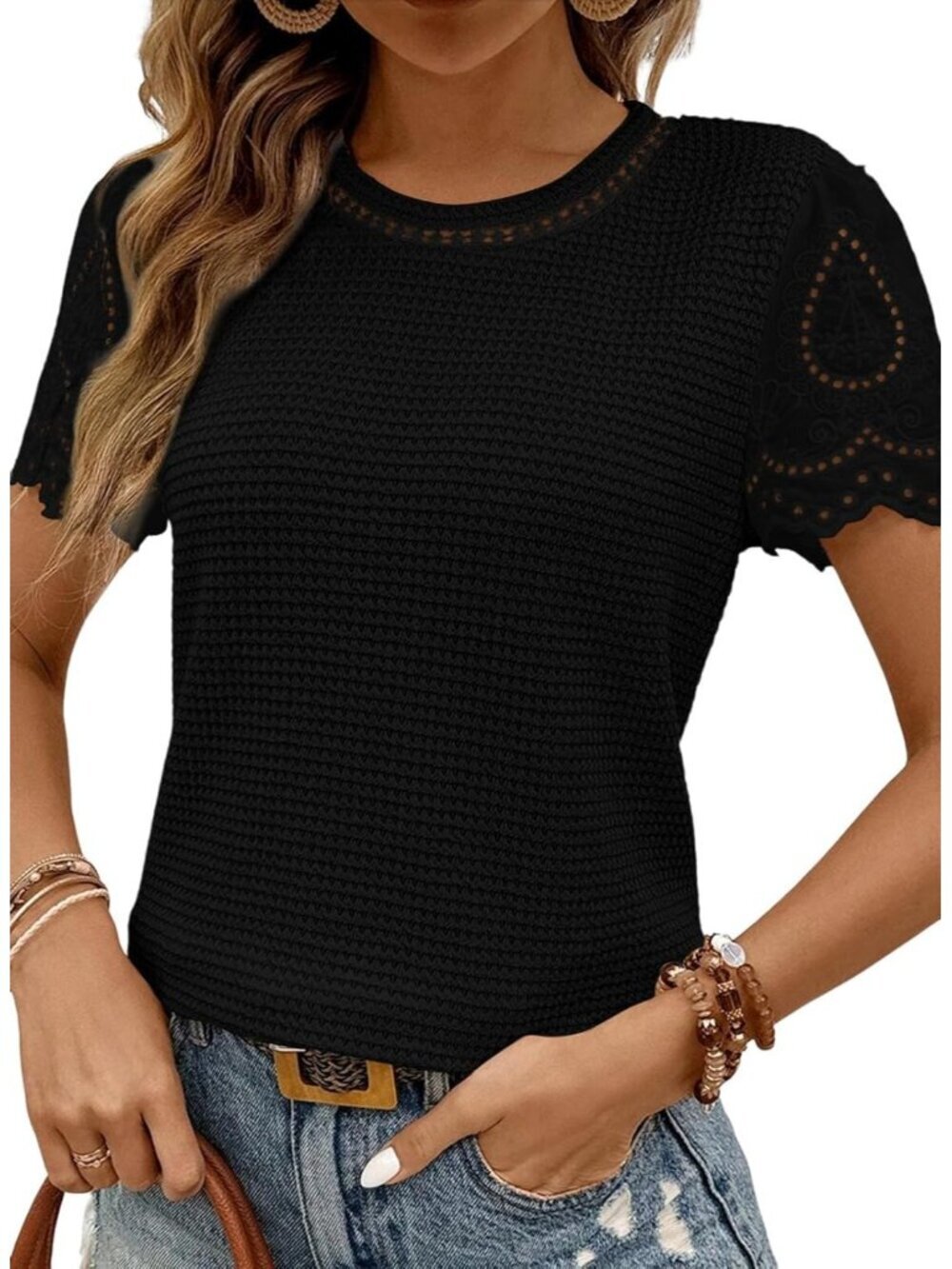 Women's Black T Shirts Frenchy Summer Tops Crewneck Short Sleeve Top Shirts
